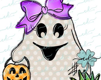 May include: A cartoon ghost with a purple bow, holding a jack-o-lantern, with a four-leaf clover in the background.