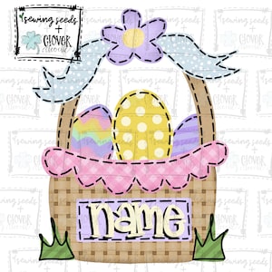 May include: A light blue and pink Easter basket with a yellow flower on top. The basket is filled with colourful Easter eggs and has a name tag that says "name".