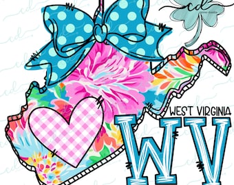 May include: A floral patterned outline of the state of West Virginia with a pink and white gingham heart, a blue bow with white polka dots, and the letters WV in blue with a white outline. The text "West Virginia" is written in black above the letters.