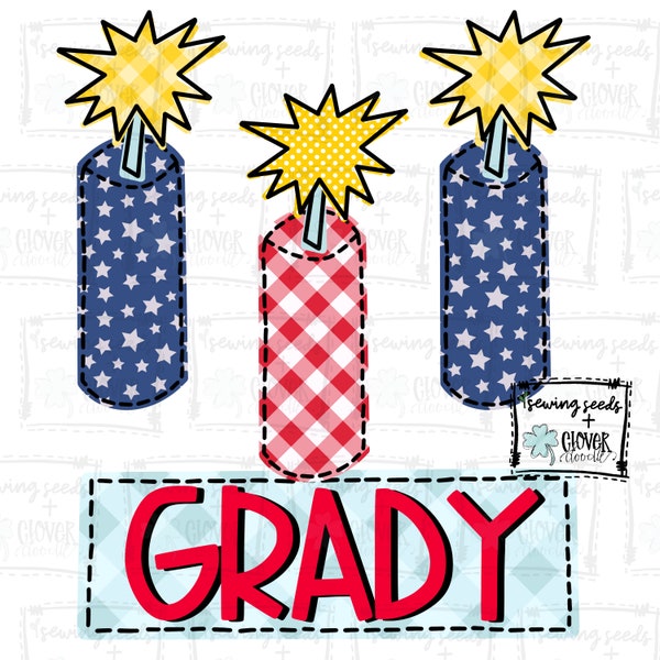 Firecracker Trio With Nameplate - SS+CD - Faux Applique PNG, Digital Download for sublimation and printables