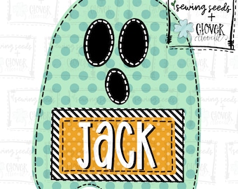 May include: A light green ghost with black eyes and a mouth, with a black and white striped border and an orange background with the name "Jack" written in white.