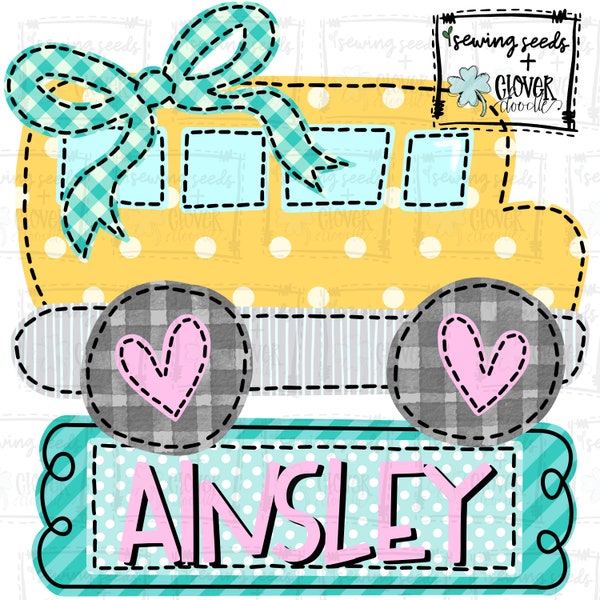 School Bus With Nameplate And Bow - SS+CD - Faux Applique PNG, Digital Download for sublimation and printables
