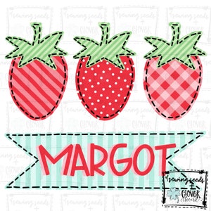 Strawberry Trio With Nameplate - SS+CD - Faux Applique PNG, Digital Download for sublimation and printables