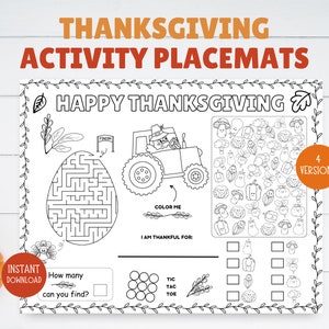 Thanksgiving Coloring Placemat, Thanksgiving Dinner Placemat Kids,  Kids Table Coloring Crafts, Kids Thanksgiving Activity Coloring Sheet