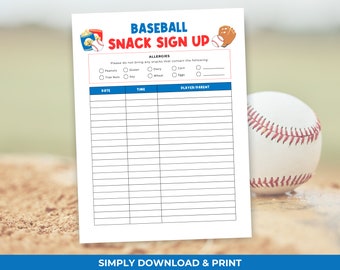Baseball Snack Schedule Printable, Baseball Snack Sign Up Sheet, Snack Volunteer Sheet, Game Day Snack Volunteer Sign Up, Snacks Schedule