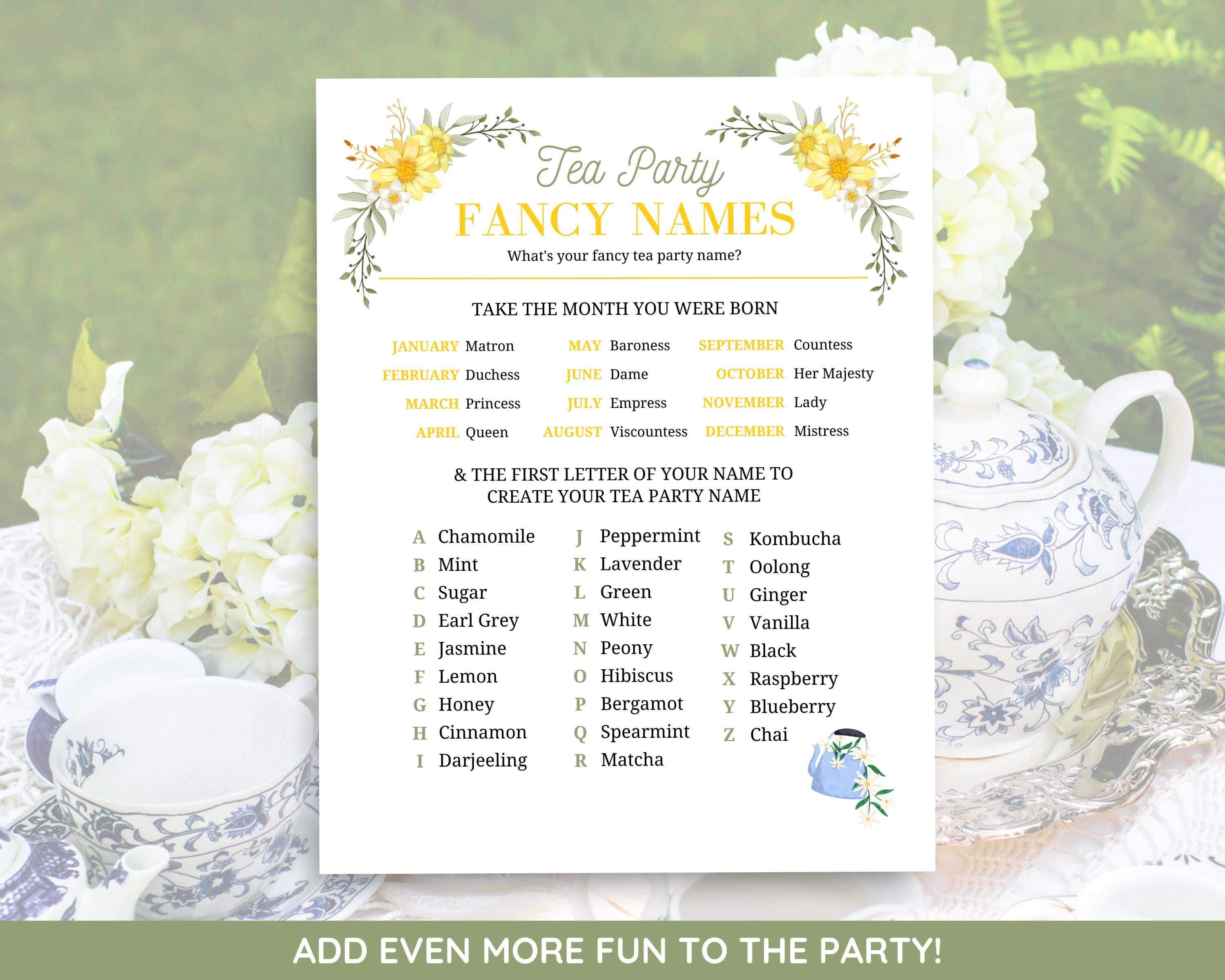 Tea Party Fancy Name Game, Printable Tea Party Game for Adults, Tea ...