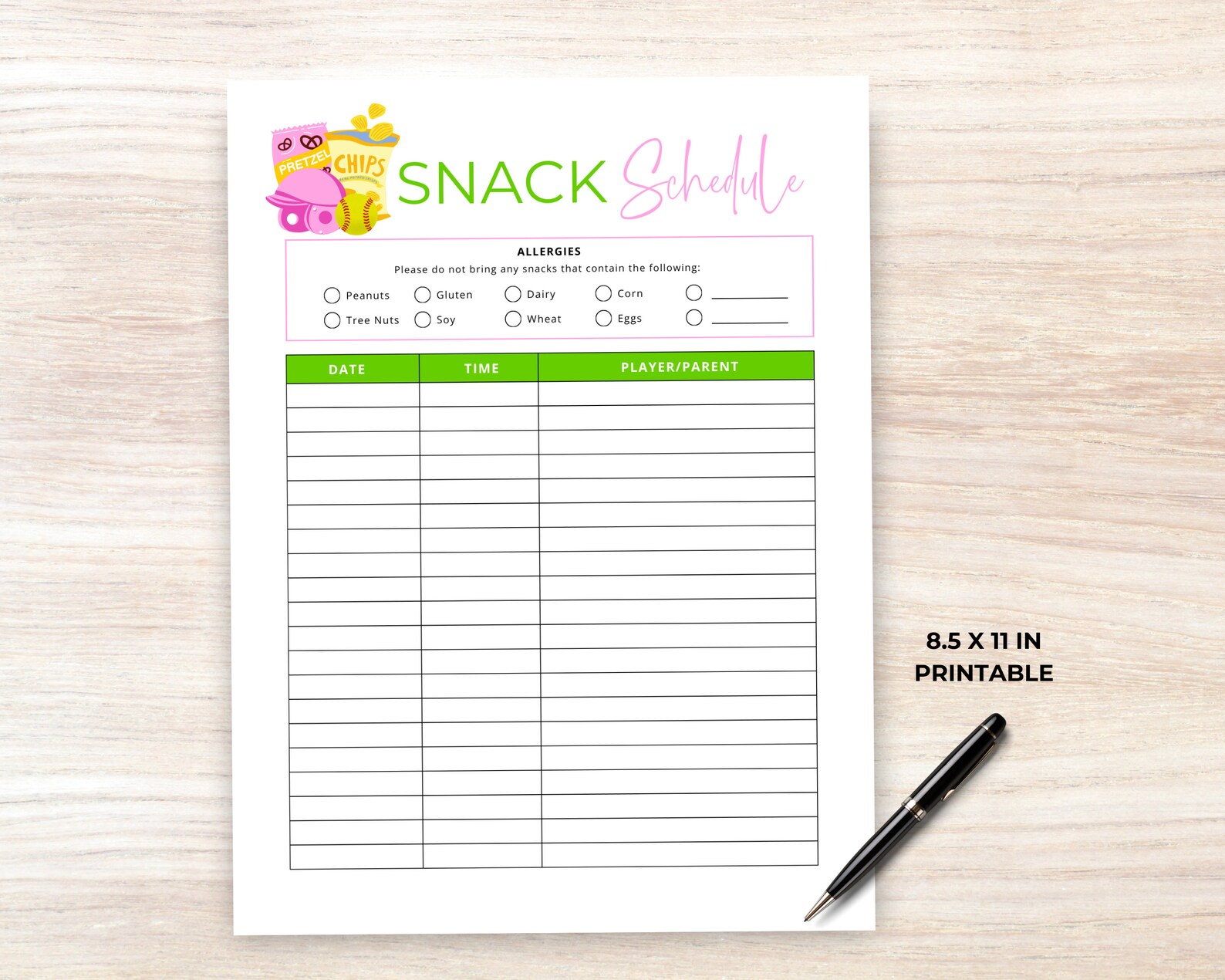 Softball Snack Schedule Sign up Sheet, Snack Volunteer Sheet for ...