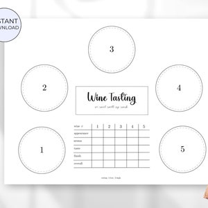 Wijnproeverij afdrukbare kaart, wijnproeverij ranking, blinde wijnproeverij placemat, wijnproeverij placemat voor 5 wijnen, wijnproeverijnotities