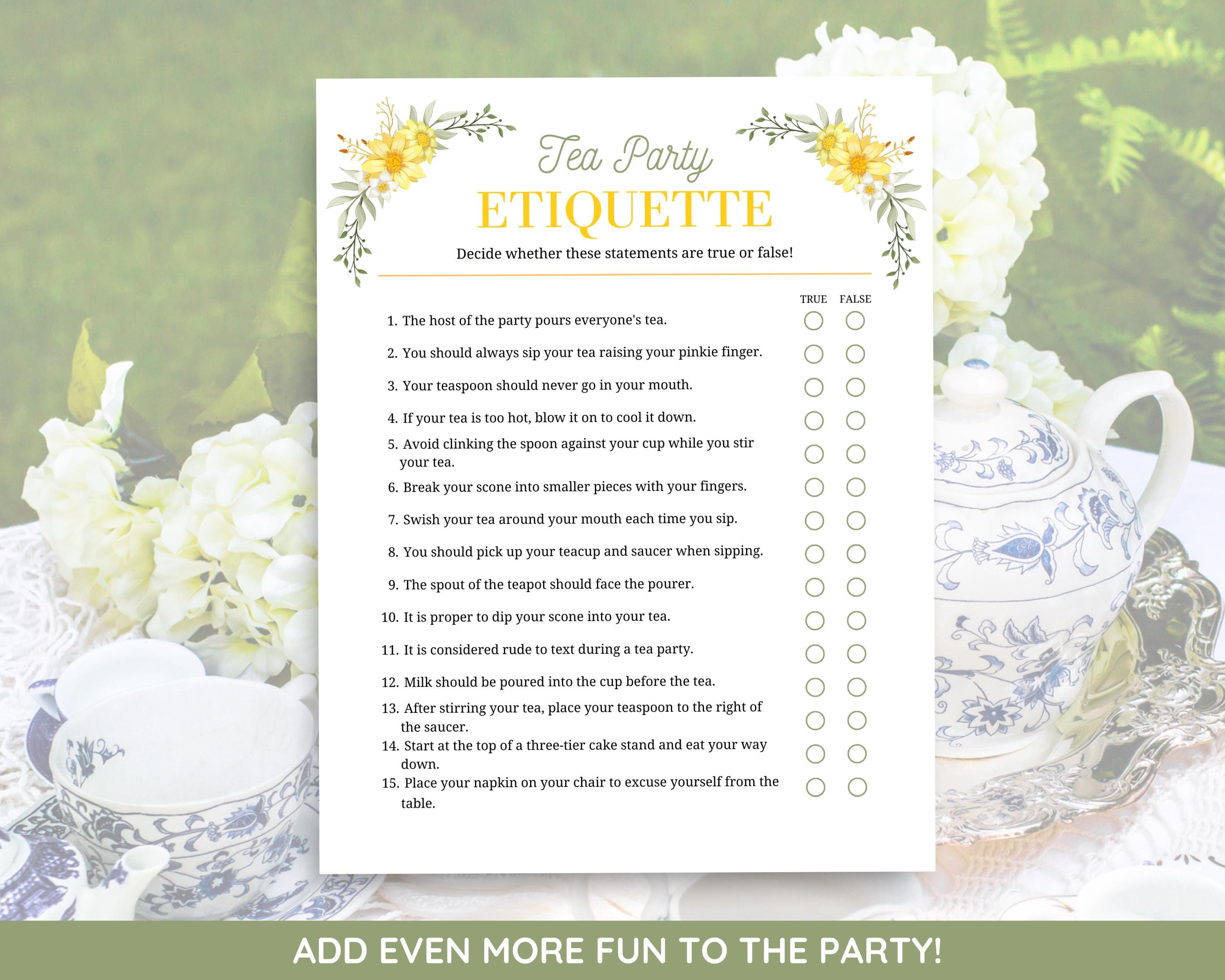 Tea Party Game Printable, Tea Party Etiquette Game, Afternoon Tea Game ...