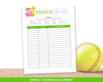 Softball Snack Schedule Sign Up Sheet, Snack Volunteer Sheet for Softball, Printable Snack Schedule, Game Day Snack Volunteer Sign Up