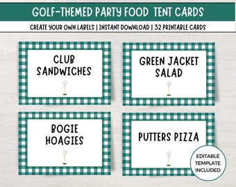 May include: Printable golf-themed food tent cards with a green and white checkered background. The cards feature golf-related puns such as "Club Sandwiches", "Green Jacket Salad", "Bogie Hoagies", and "Putters Pizza".