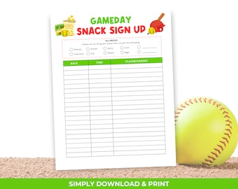 Softball Snack Sign Up Sheet, Snack Volunteer Sheet for Softball, Printable Snack Schedule, Game Day Snack Volunteer Sign Up