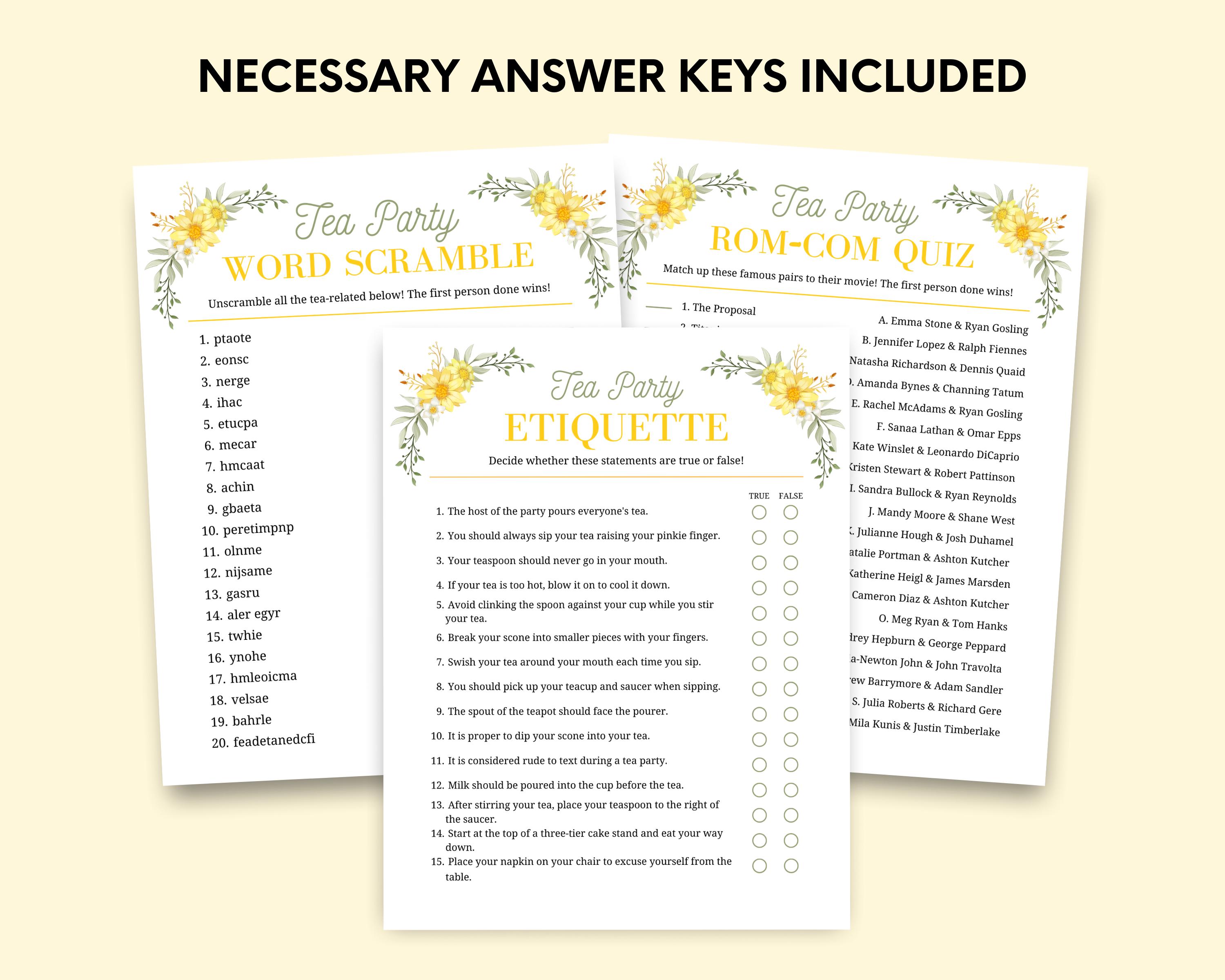 Tea Party Games Bundle Printable, Adult Tea Party Games, Tea Party ...