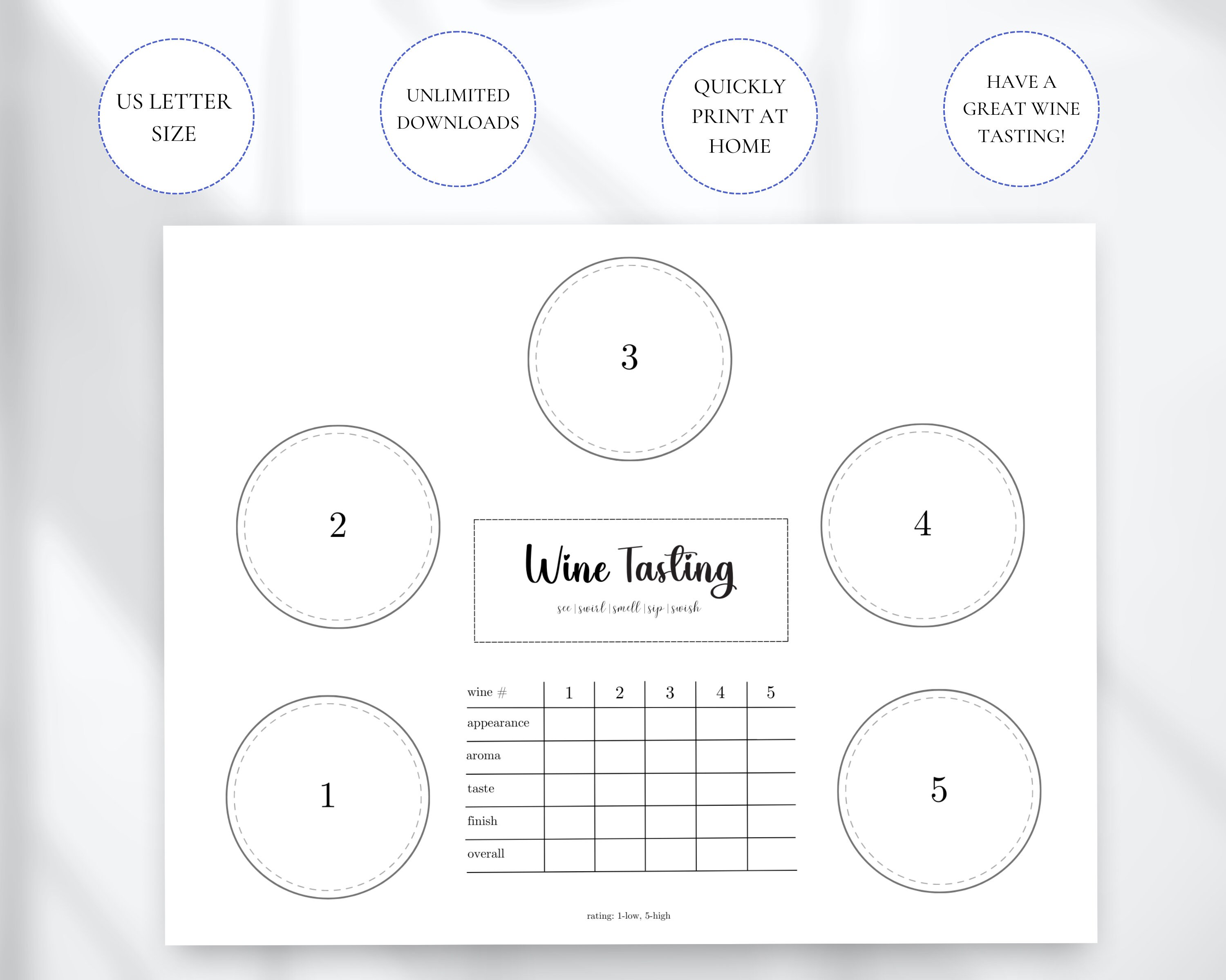Wine Tasting Printable Card, Wine Tasting Ranking, Blind Wine Tasting Placemat, Wine Tasting ...