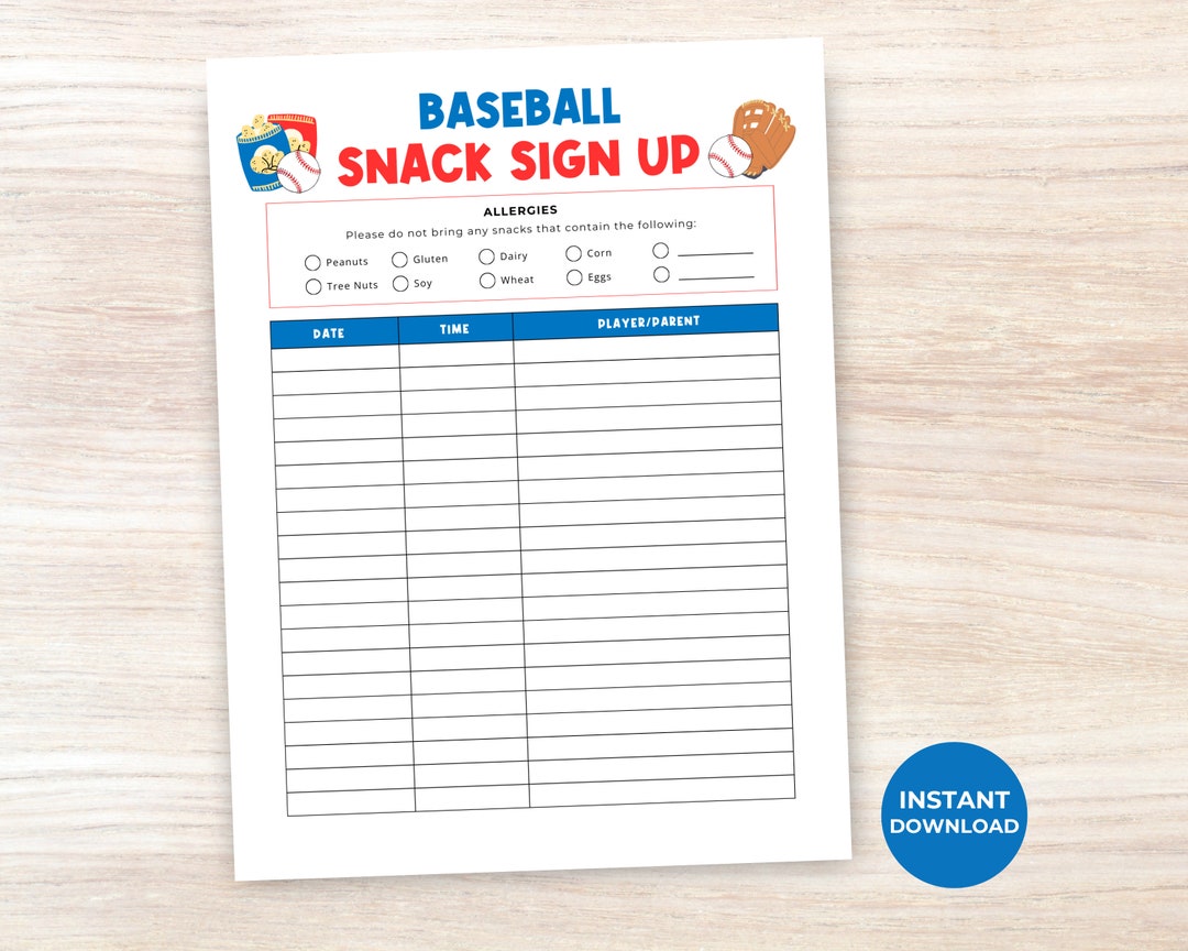 Baseball Snack Schedule Printable, Baseball Snack Sign up Sheet, Snack ...