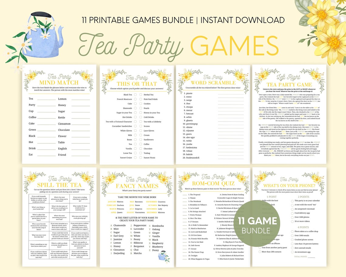 Tea Party Games Bundle Printable, Adult Tea Party Games, Tea Party ...