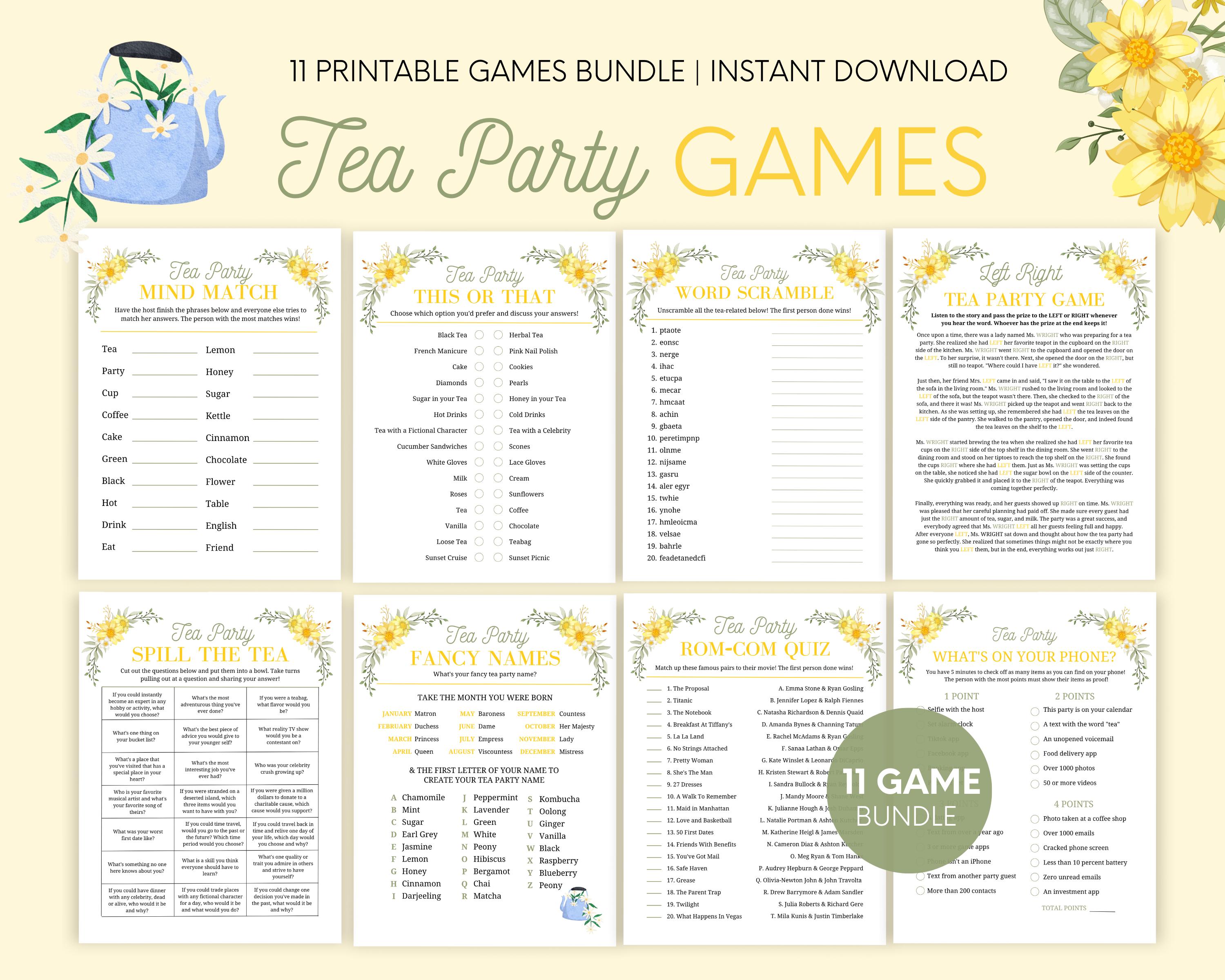 Tea Party Games Bundle Printable, Adult Tea Party Games, Tea Party ...