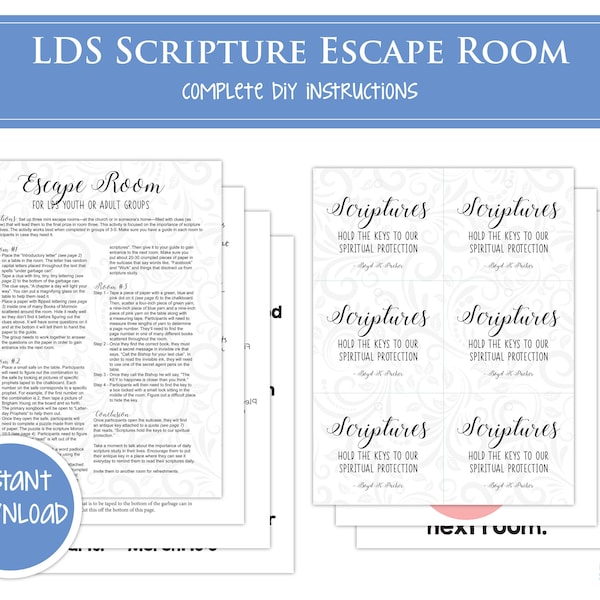 LDS Escape Room, LDS Youth Activity Ideas, DIY Printable Escape Room for Adults, Teens and Families, Relief Society Escape Room, Scriptures