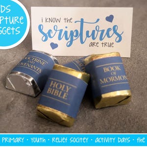 Op de afbeelding: Afbeelding van LDS Scripture Nuggets, miniatuur chocoladerepen verpakt in blauwe en gouden folie, die op boeken lijken. De wrappers tonen titels als "Holy Bible" en "Book of Mormon". Er is ook een kaart met de tekst "I know the scriptures are true".