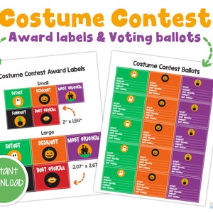 May include: Printable Halloween costume contest award labels and voting ballots. The labels are in two sizes, small (2 x 1.54 inches) and large (2.07 x 2.67 inches). The labels feature a ghost, pumpkin, and castle. The ballots have lines for writing in names and voting for the cutest, scariest, funniest, most original, and best overall costumes.