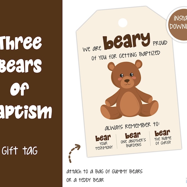 Three Bears of Baptism Gift Tag, Bears of Baptism printable, LDS baptism gift, baptism gift tag, LDS baptism printable, digital download