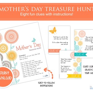 Búsqueda del tesoro del Día de la Madre, Búsqueda del tesoro del Día de la Madre, Juego del Día de la Madre, Tarjetas de pistas del Día de la Madre, lindo diseño de primavera, flores, mariposa