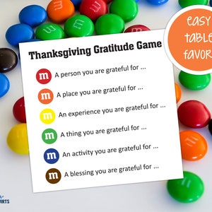 M&M Thanksgiving-dankbaarheidsspel afdrukbaar, Thanksgiving-tafelgunst, dankbaarheidsspel afdrukbaar, Thanksgiving-spellen kinderen, Friendsgiving-spel