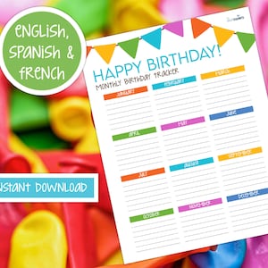 Calendario de cumpleaños, Rastreador de cumpleaños, imprimible, carta, Planificador de cumpleaños, Lista de cumpleaños, español, français, cumpleaños, anniversaire, PDF