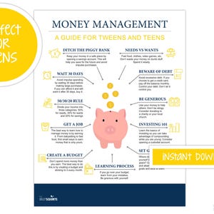 May include: A money management guide for young people, with a pink piggy bank graphic. The poster offers advice on saving, budgeting, and avoiding debt. Text includes "Money Management" and "Instant Download".