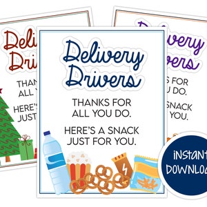 Znak podziękowania dla kierowcy dostawy, znak z przekąskami, do wydrukowania, Amazon, UPS, FedEx, USPS, kurier dostawczy, Boże Narodzenie, Halloween, weranda, paczki