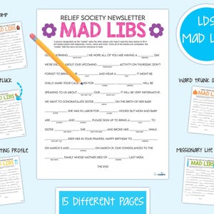 May include: A printable Mad Libs activity booklet with 15 different pages. Each page features a different theme, such as "Girls Camp", "Ward Potluck", "LDS Dating Profile", "Ward Trunk or Treat", and "Missionary Life".