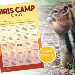 LDS Girls Camp BINGO, camp de filles LDS imprimable, camp de filles saint des derniers jours, carte de service de camp de filles, téléchargement numérique