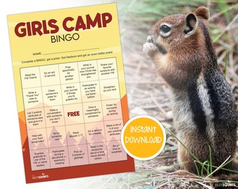 LDS Girls Camp BINGO, LDS girls camp printable, latter-day saint girls camp, girls camp service card, digital download