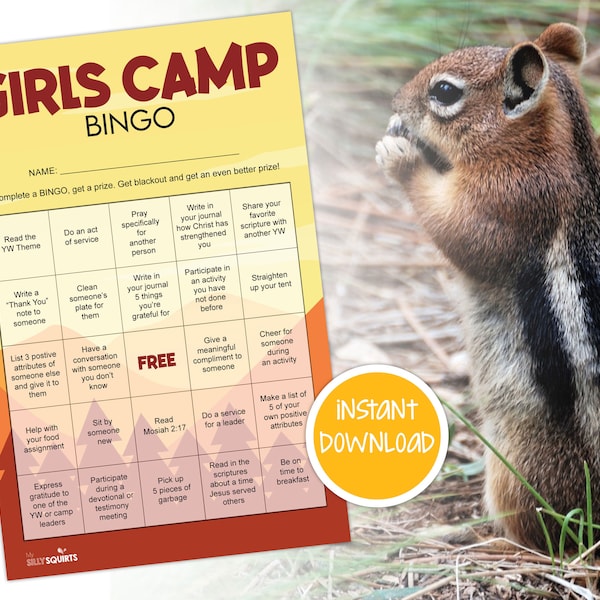 LDS Girls Camp BINGO, LDS girls camp printable, latter-day saint girls camp, girls camp service card, digital download