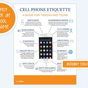 Guia de etiqueta do telefone celular para adolescentes e pré-adolescentes, pôster de regras do telefone celular, download digital, etiqueta social, pôster da sala de aula do telefone celular