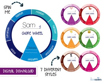 May include: A printable chore wheel template with a blue, teal, and white color scheme. The wheel is divided into seven sections, one for each day of the week. The center of the wheel has a space for a name and the words "Chore Wheel". The wheel also has a space for a chore, which is labeled "Dishes". The image also shows six different variations of the chore wheel with different colors and designs.