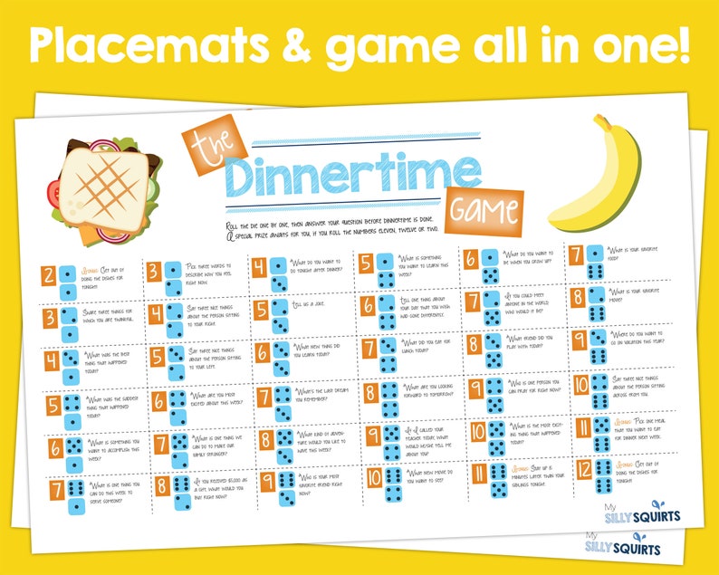 Dinner Placemat Kids, Dinnertime Game, Printable Placemat, Dice Games