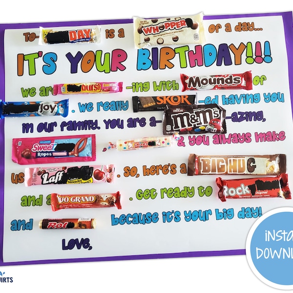 Printable Birthday Candy Bar Poster for family member, birthday printable, candy gram sign, birthday gift ideas, birthday party decorations