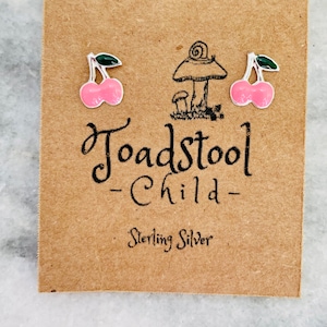 Sterling Silver - Pink cherry studs/ earrings / kids jewelry / Childrens Jewelry / Childrens Earrings