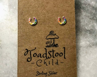 Sterling Silver - Rainbow horseshoe studs/ earrings / kids jewelry / Childrens Jewelry / Childrens Earrings