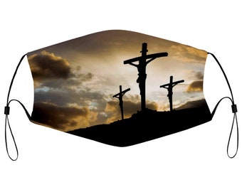 Jesus 3 Crosses Faith Easter Christian Religious Holiday Cloth Face Mask w/ 2 Replaceable Filters Dust Covering Nose Wire Splint Breathable