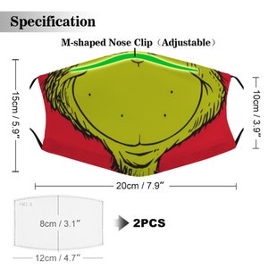 Green Grinch Mouth Face Christmas Holiday Festive Cloth Face Mask with 2 Replaceable Filters Dust Proof Covering Nose Wire Splint Breathable image 2