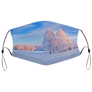 Winter Forest Snow Scene Holiday Trees Festive Cloth Face Mask with 2 Replaceable Filters Dust Proof Covering Nose Wire Splint Breathable