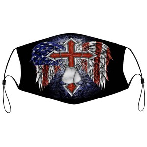 Angel Wings Cross Patriotic Veteran USA Flag Cloth Masque 2 Filtres remplaçables Anti-poussière Couvrant nez Fil attelle respirable lavable