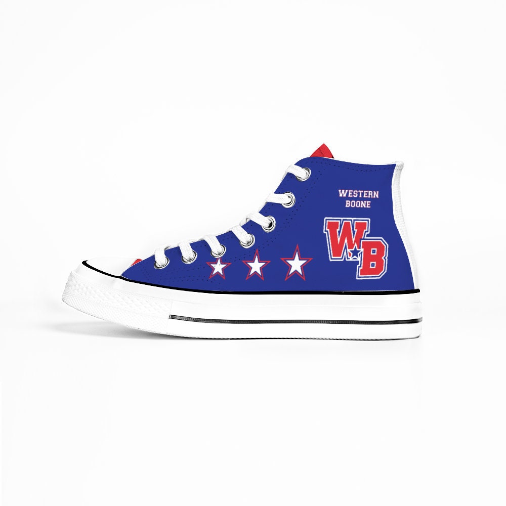 Western Boone WEBO Stars High Top Canvas Sneakers Converse Style Tennis Shoes Lace Up Blue Red White Athletic Footwear Spirit Wear Sporty