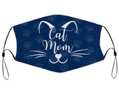Navy Blue Cat Mom Kitty Feline Lover Paw Cloth Face Mask 2 Replaceable Filters Dust Proof Covering Nose Wire Splint Soft Breathable Washable