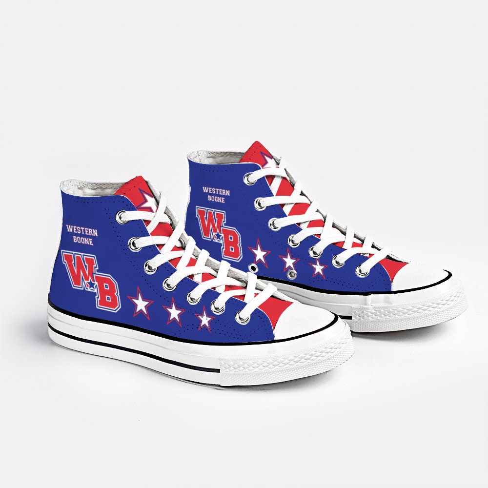 Western Boone WEBO Stars High Top Canvas Sneakers Converse Style Tennis Shoes Lace Up Blue Red White Athletic Footwear Spirit Wear Sporty