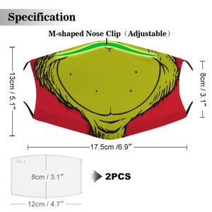 Green Grinch Mouth Face Christmas Holiday Festive Cloth Face Mask with 2 Replaceable Filters Dust Proof Covering Nose Wire Splint Breathable image 3