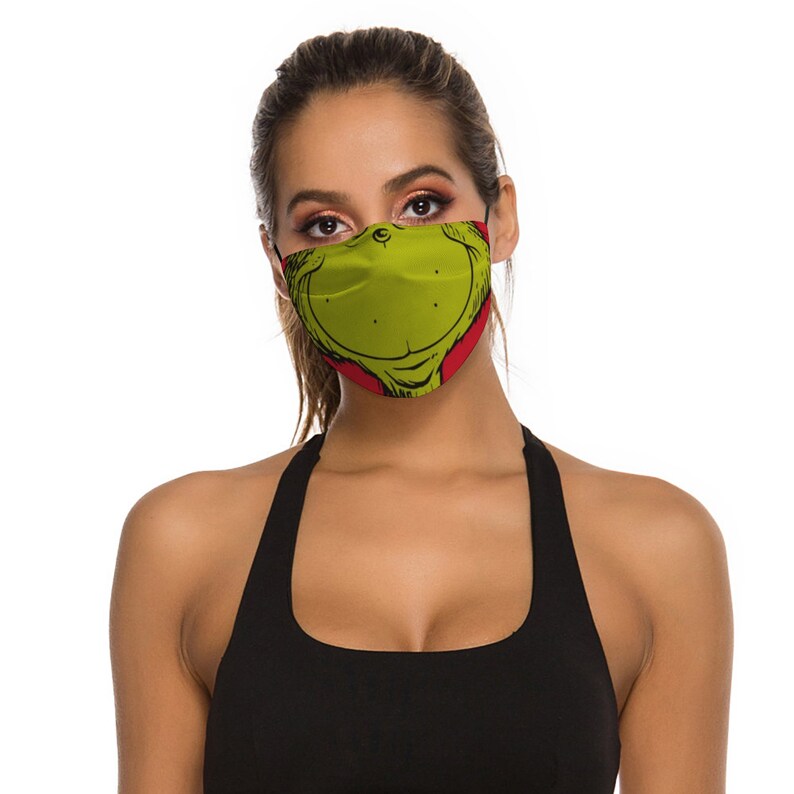 Green Grinch Mouth Face Christmas Holiday Festive Cloth Face Mask with 2 Replaceable Filters Dust Proof Covering Nose Wire Splint Breathable image 5