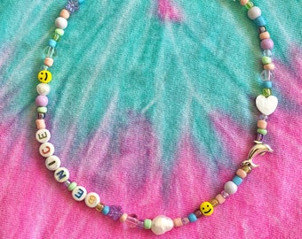 Verano "BE NICE" Smiley Dolphin Pearl Beaded Necklace / Charm Necklace / Letter Beaded Necklace / Happy Jewelry / Colorful Necklace